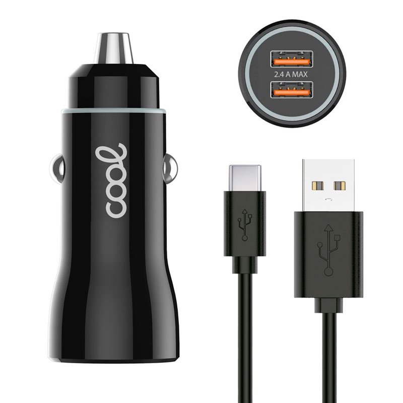 Acheter Câble chargeur voiture Type C (2 x Usb) COOL 2.4A Kit 2 en 1 Noir -  kiboTEK